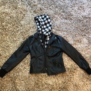 Leather coat with plaid detailing